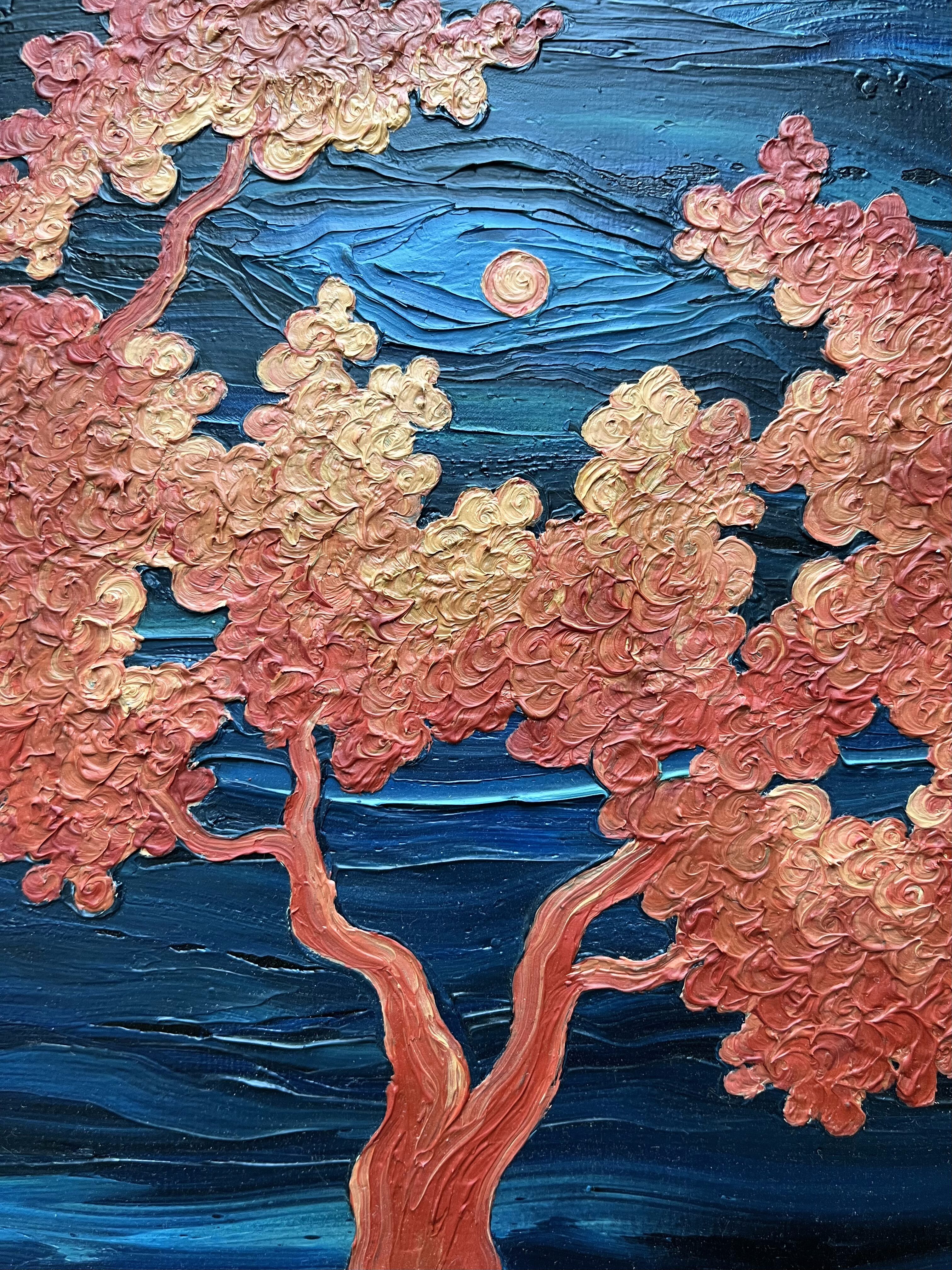 Moonlit Vermillion Tree Oil Painting